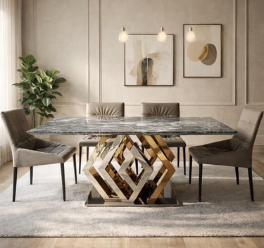 Luxury marble dining table with a geometric gold base and grey upholstered chairs in a modern room.