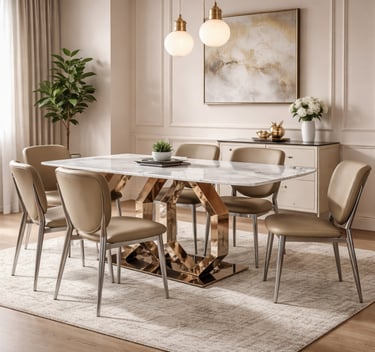 Modern marble dining table with gold geometric base and beige leather chairs in a luxury dining room.