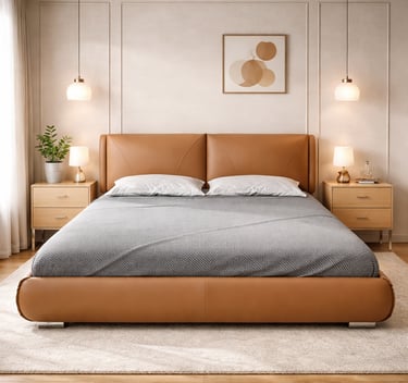Modern bedroom with a tan leather upholstered bed frame, wooden nightstands, and elegant pendant lighting.