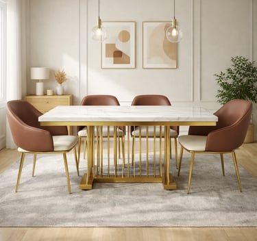 Modern dining room featuring a white marble table with gold legs and four brown leather chairs.