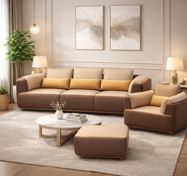 Modern brown leather sofa set with marble coffee table and abstract wall art in a cozy living room.