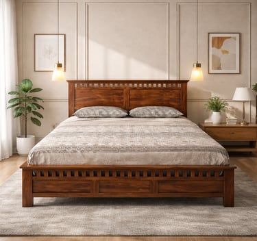 Solid wood platform bed frame with a slatted headboard in a modern master bedroom setting.