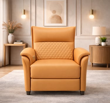 Modern orange leather recliner chair with quilted backrest in a luxury living room setting.
