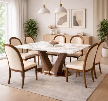 Modern dining room featuring a marble top dining table with wood base and cream upholstered chairs.