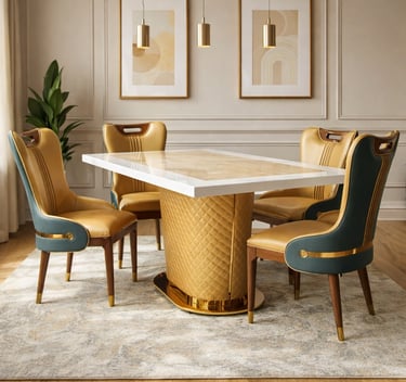 Luxury dining room set featuring a white marble top table and four gold and teal leather chairs.