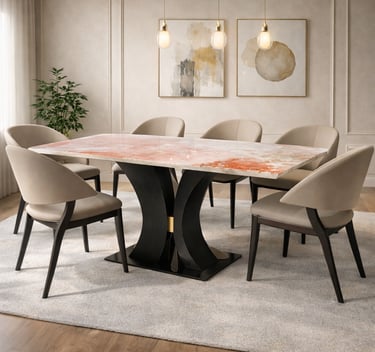 Modern luxury dining room featuring a pink marble top table with black pedestal base and beige upholstered chairs.