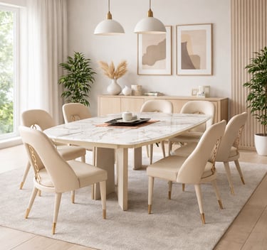 Modern luxury dining room featuring a marble dining table with beige leather chairs and gold accents.