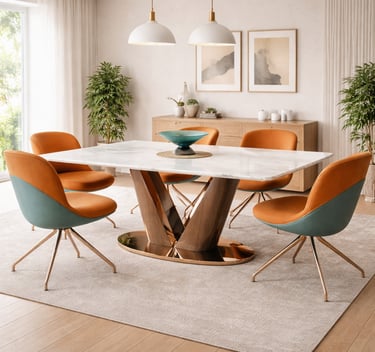 Modern dining room featuring a white marble table with orange velvet chairs and gold accents.