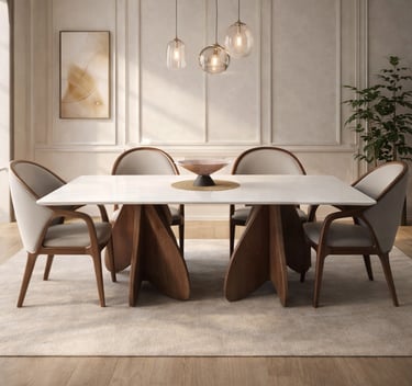 Modern dining room featuring a white marble table with wood pedestal legs and elegant upholstered chairs.