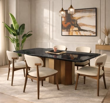 Modern dining room featuring a black marble table, white upholstered chairs, and abstract wall art.