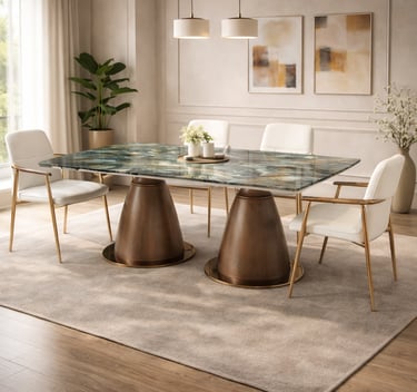Modern luxury dining room with a green marble top table, walnut wood pedestals, and white leather chairs.