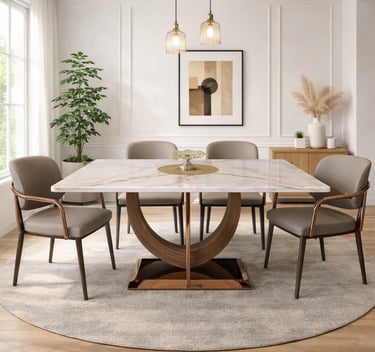 Modern white marble dining table with bronze pedestal base and grey leather chairs in a bright room.