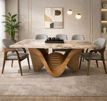 Modern luxury dining room featuring a marble top table with a sculptural wooden base and grey chairs.