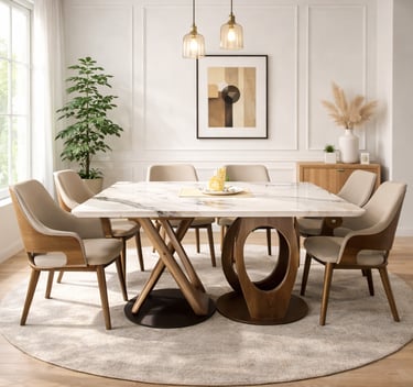 Modern square marble dining table with walnut wood base and beige upholstered chairs in a bright room.