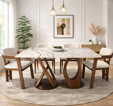 Modern marble top dining table with walnut wood base and matching upholstered chairs in a bright room.