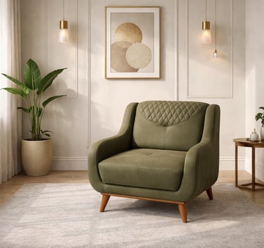 Modern olive green leather armchair with tufted details in a minimalist living room.
