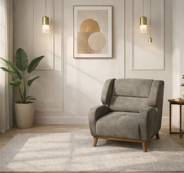 Modern gray upholstered armchair in a minimalist living room with gold pendant lights and a potted plant.