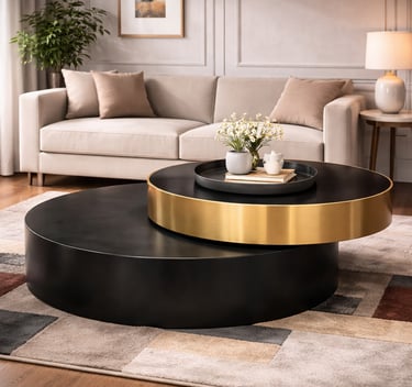 Modern round nesting coffee table with black and gold metal finishes in a neutral living room.