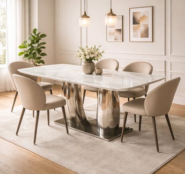 Modern white marble dining table with chrome pedestal base and beige upholstered chairs in a bright room.