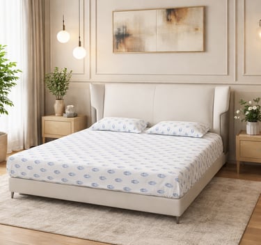Modern bedroom with blue leaf pattern cotton bed sheets and a cream upholstered headboard.