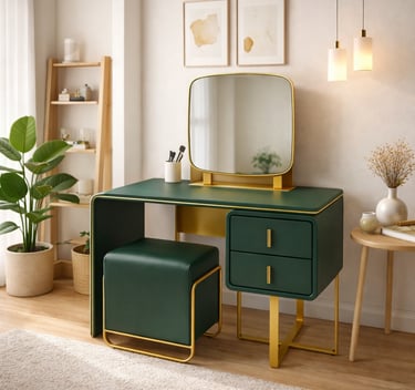 Modern green vanity desk with gold accents, matching stool, and large mirror in a bright bedroom.