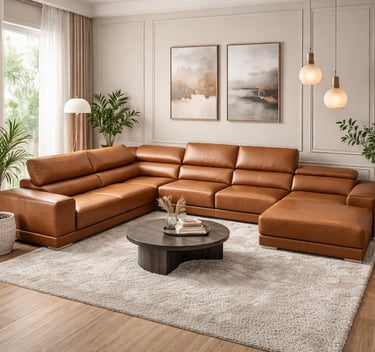 Modern brown leather l-shaped sectional sofa in a minimalist living room with a round coffee table.