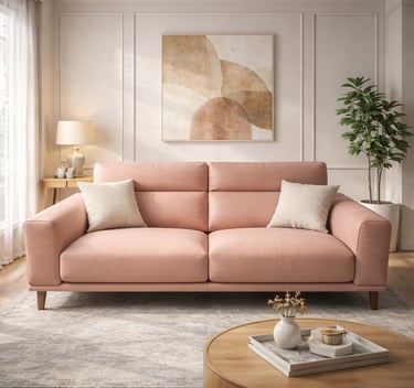 Modern dusty pink leather sofa in a bright living room with abstract wall art and minimalist decor.