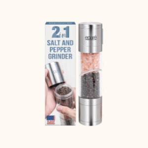 A sleek 2-in-1 salt and pepper grinder with stainless steel ends
