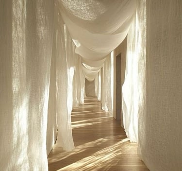 a long hallway with curtains marketing office