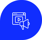 a blue and white icon with a speaker and a speaker