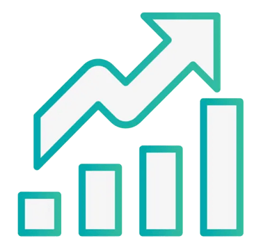 A blue icon of a bar graph with three ascending bars and an upward-pointing arrow.