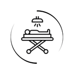 Line icon of a patient on an operating table under a surgical light for medical procedures.