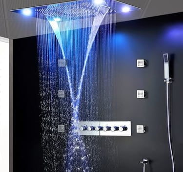 a shower head with a blue light shining down