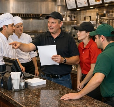 a group of people standing around a counter top