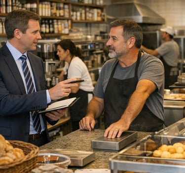 a man in a suit and tie is talking to a man in a suit