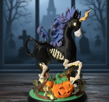 a dark gothic statue of a unicorn with lights inside