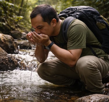 poto armando didalam hutan sedang minum air sungai yang jernih