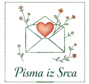 Vintage heart envelope illustration with flowers and Pisma iz Srca text.
