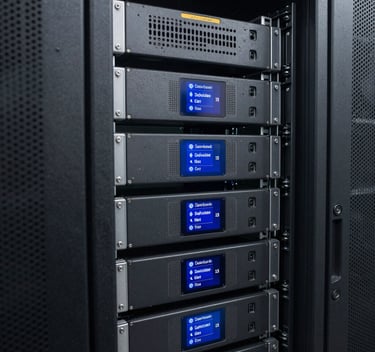 Close-up of network switch hardware in a server rack with yellow and blue ethernet cables connected.