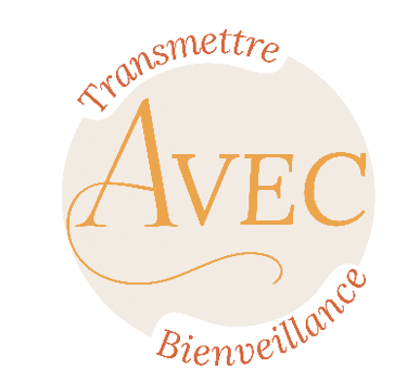 Logo design featuring the French words Transmettre Avec Bienveillance in elegant gold and tan typography.