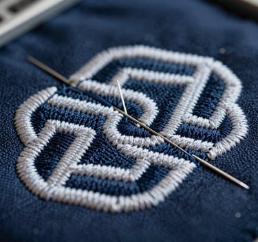 Macro close-up of high-density embroidery needles stitching a complex geometric pattern onto structured navy fabric, sharp focus on thread texture, cool industrial light.