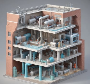 Technical illustration of water flow through pipes in a modern building