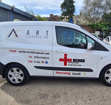 a van with a signs on it 