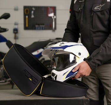 a man removing a helmet from a helmet bag