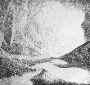 a drawing of a river in a cave