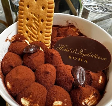 Tiramisu dessert Cafe Romano at Hotel d’Inghilterra, Rome.