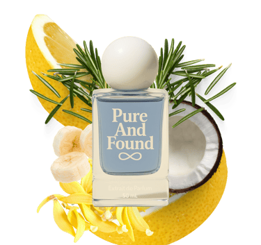 PureAndFound Men’s fragrance bottle with notes of citrus, ginger, coconut, and rosemary.