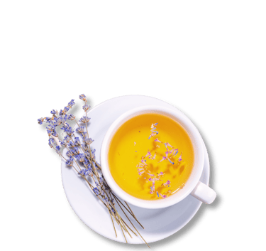 a cup of tea with a bouquet of lavender flowers
