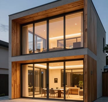 A high-end modern house exterior in Wallonia at dusk, with warm interior lighting glowing through large, elegant windows with warm natural wood frames. The atmosphere is sophisticated and serene.