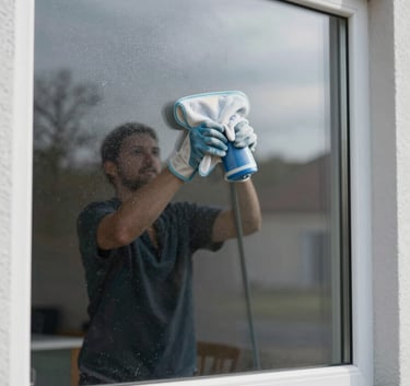 A premium close-up of a sparkling clean window of a modern house in the Kempen region, with a professional window cleaner's reflection. Professional lighting, crisp #F5F8FA highlights, and a trustworthy, polished look.